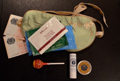 In my hand luggage: cash, eyepatch, wipes, candy, lip balm, tiny moisturiser